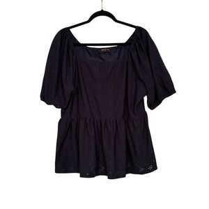Lane Bryant Navy Eyelet Puff Sleeve Top Size 18/20 Jersey Knit Boho Peasant